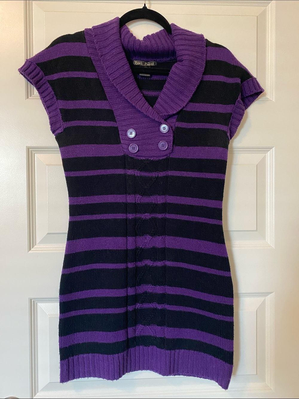 Purple and Black Striped Knit Mini Dress with Shawl Collar